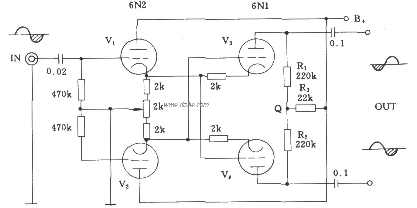 电子管自动平衡式倒相电电路图