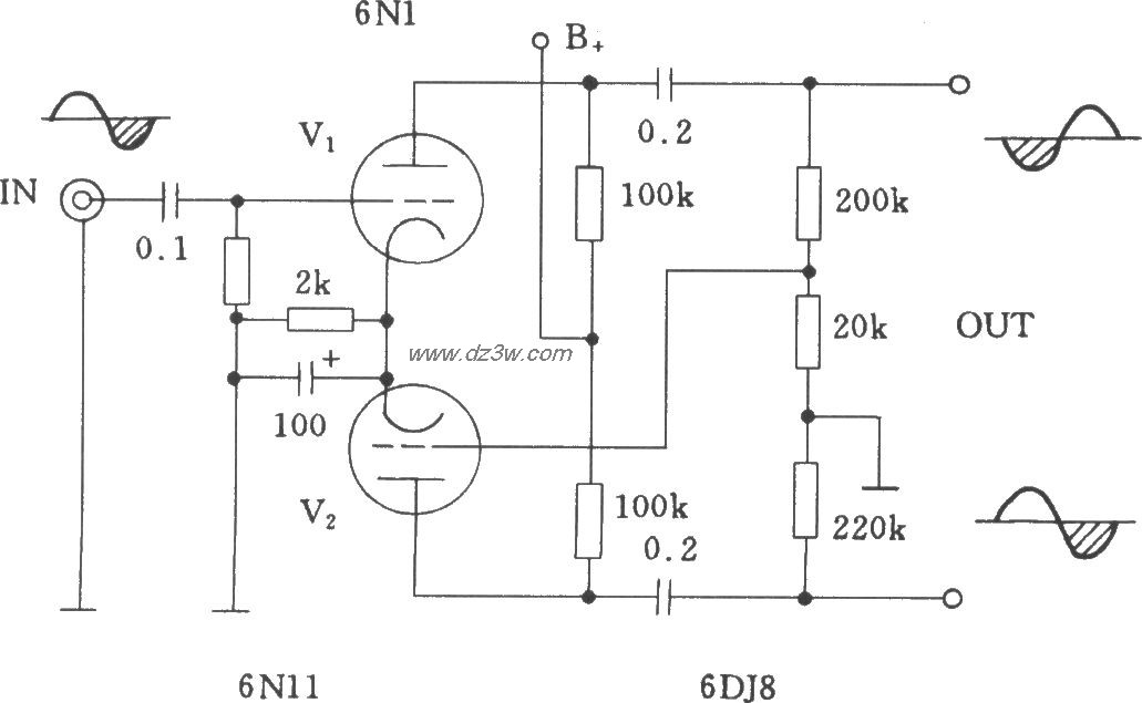 电子管分压式倒相电路电路图