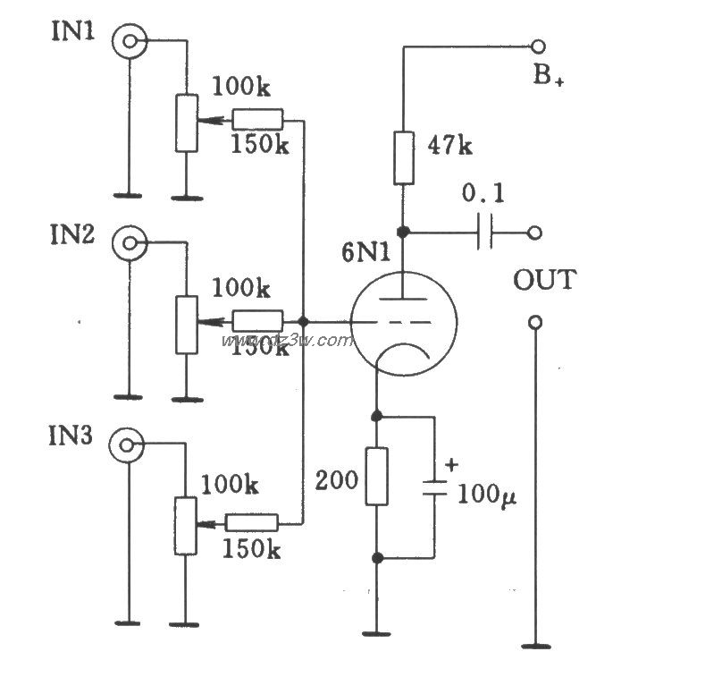 电子管单级多路通过电阻电路图