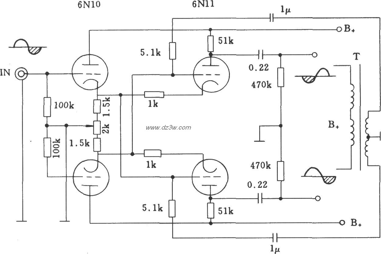 电子管交叉平衡式倒相电电路图