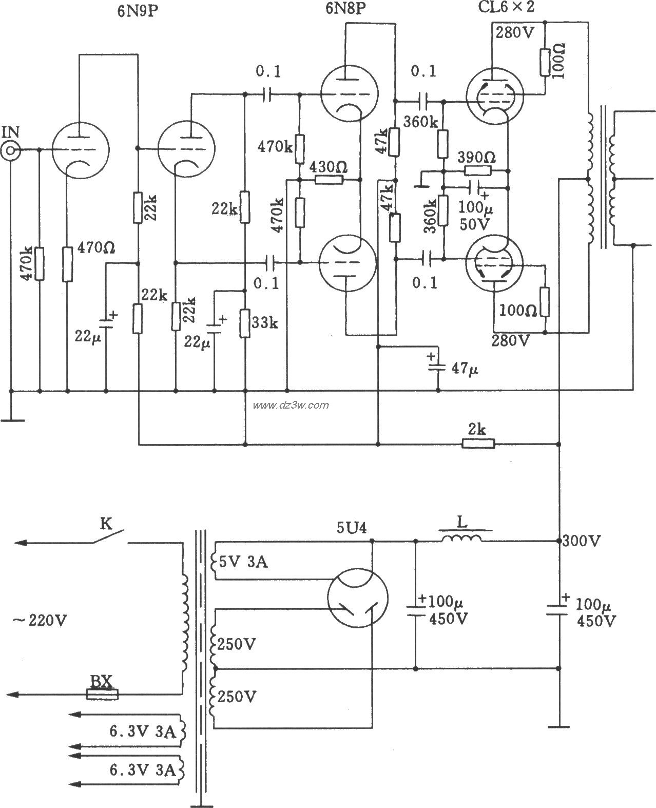 6L6A类电子管推挽功放电电路图