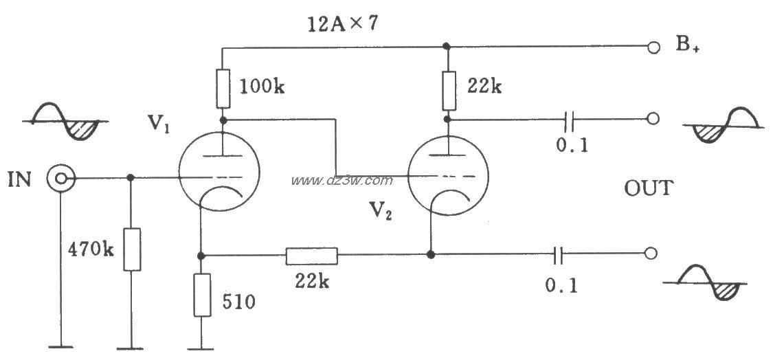 电子管阴极耦合式倒相电电路图
