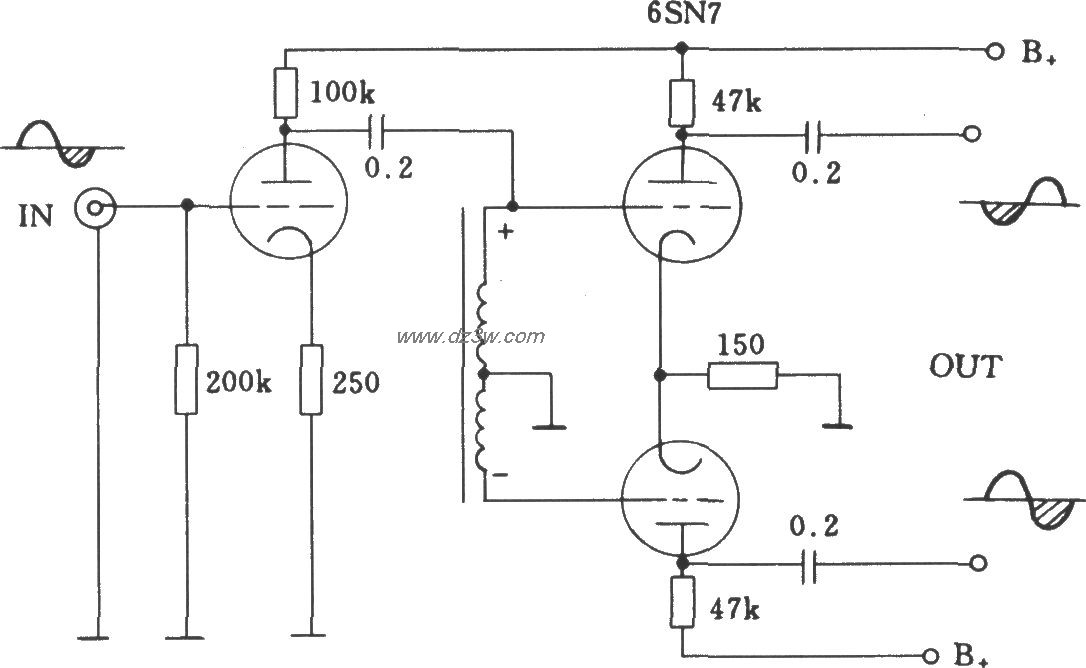 电子管扼流圈倒相电路电路图