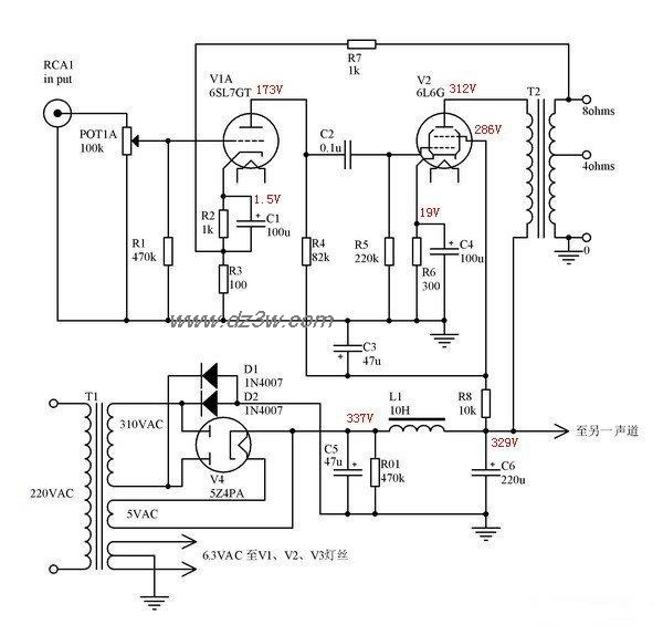 6SL7GT+6L6G单端功放电路电路图