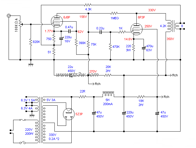6J8P+6P3P单端功放电路电路图