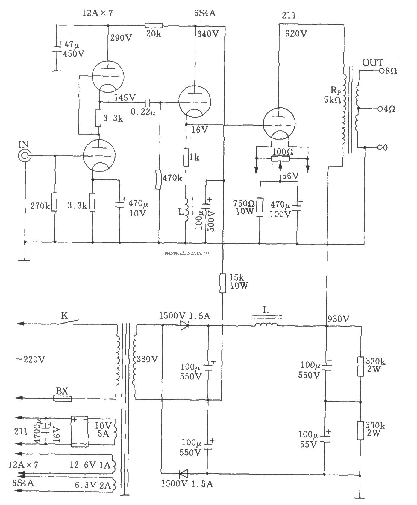 高功率电子管单端A类211电路图