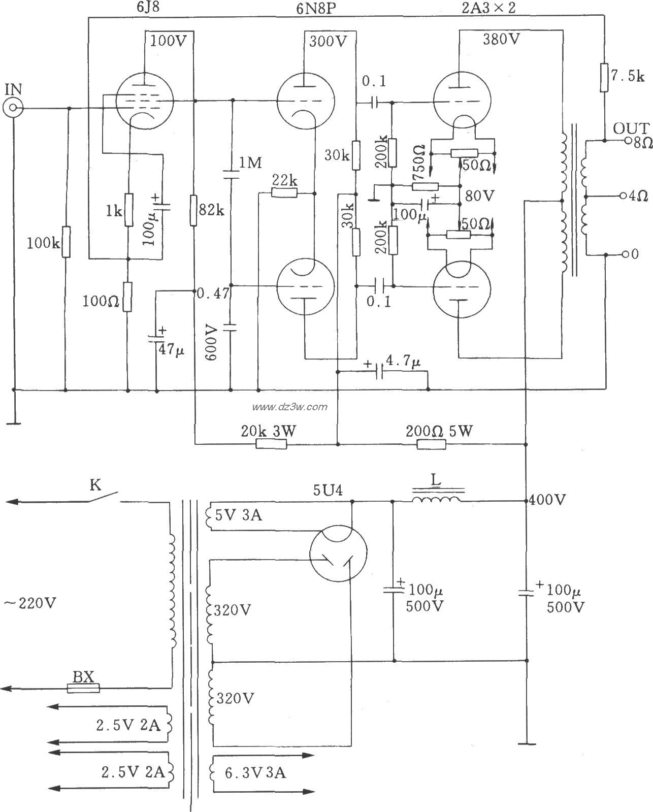 2A3A类电子管推挽功放电电路图
