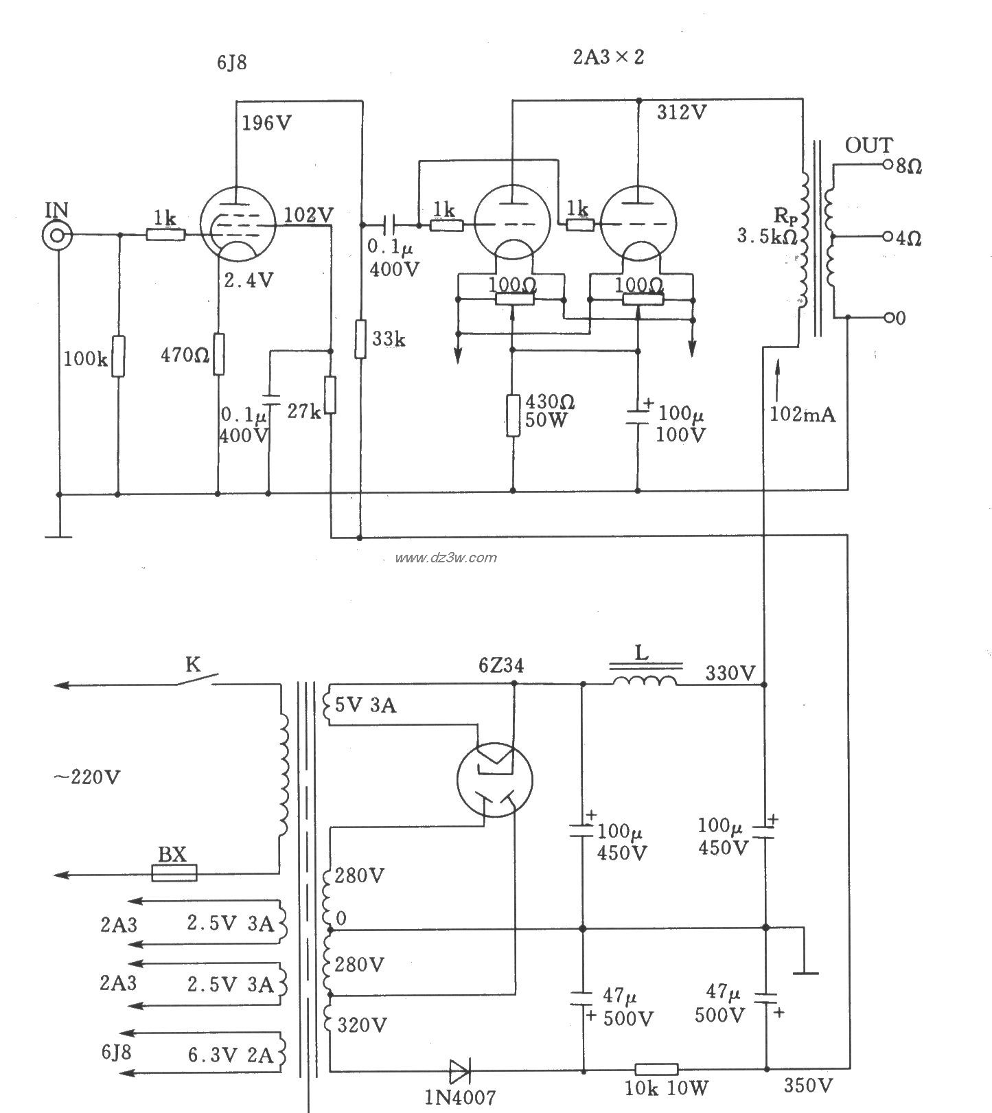 电子管单端A类2A3并联功电路图