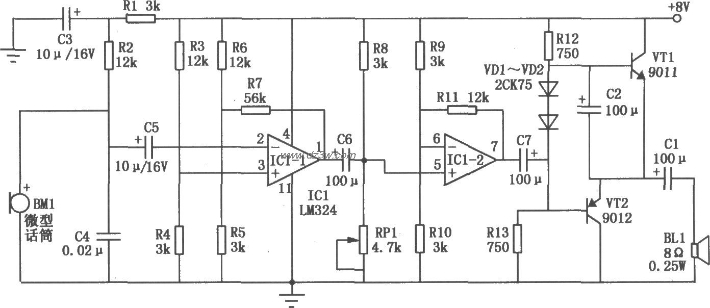 对讲扩音器电路原理图电路图