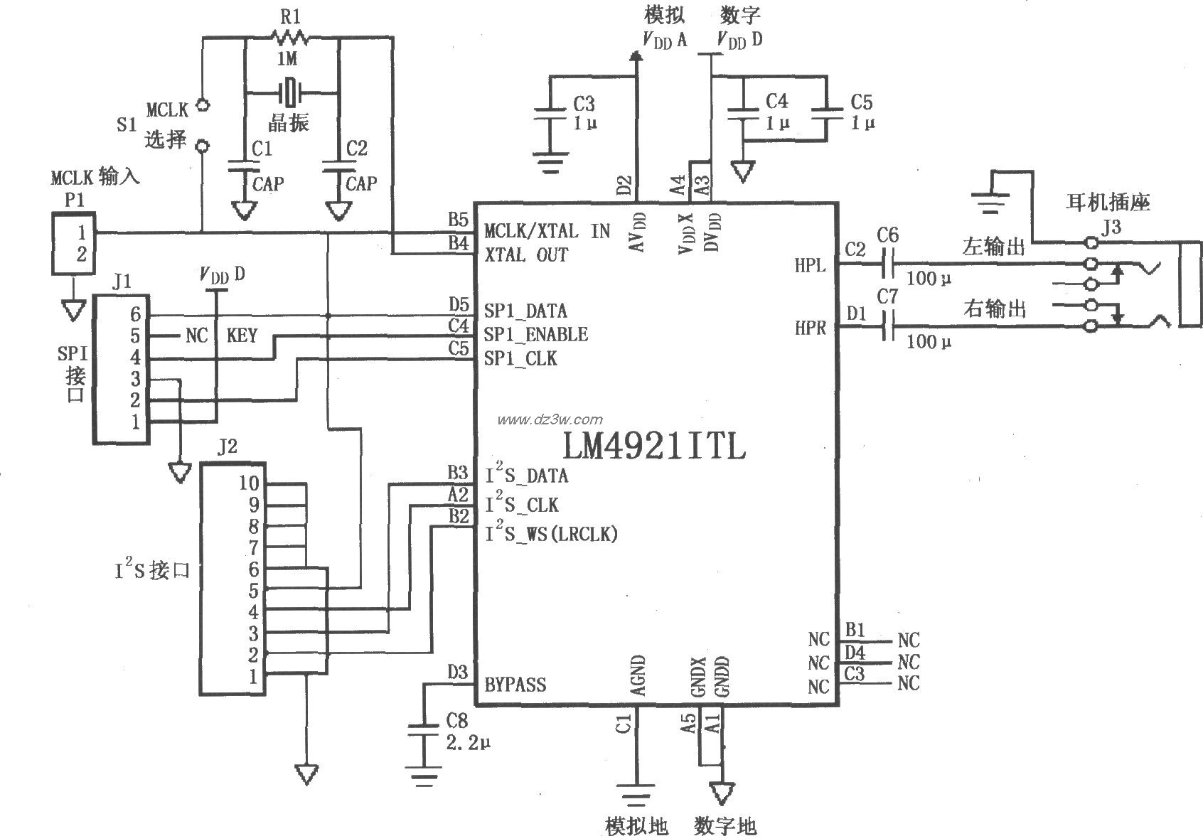 LM4921用于双声道耳机放电路图