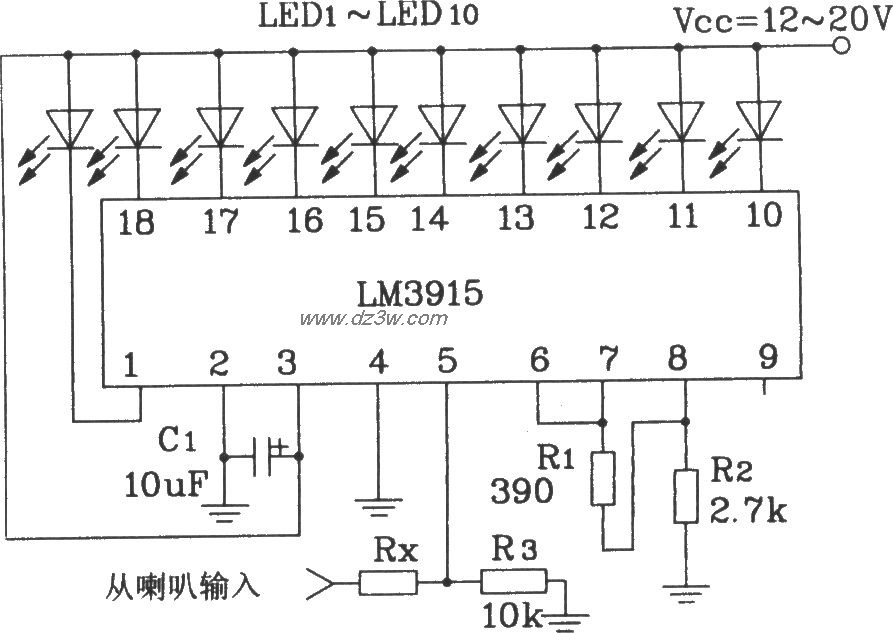 LM3915构成简单音频功率电路图