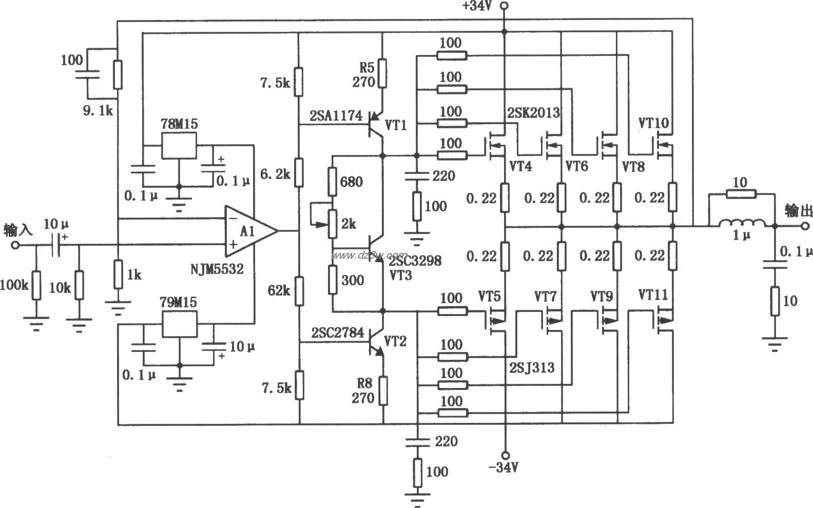 场效应管50W音频功率放大电路图