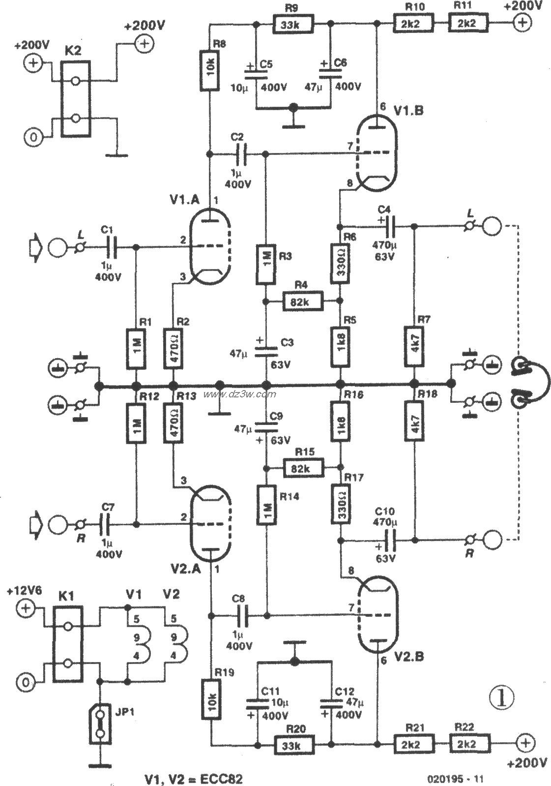 ECC822电子管OTL耳机放大电路图
