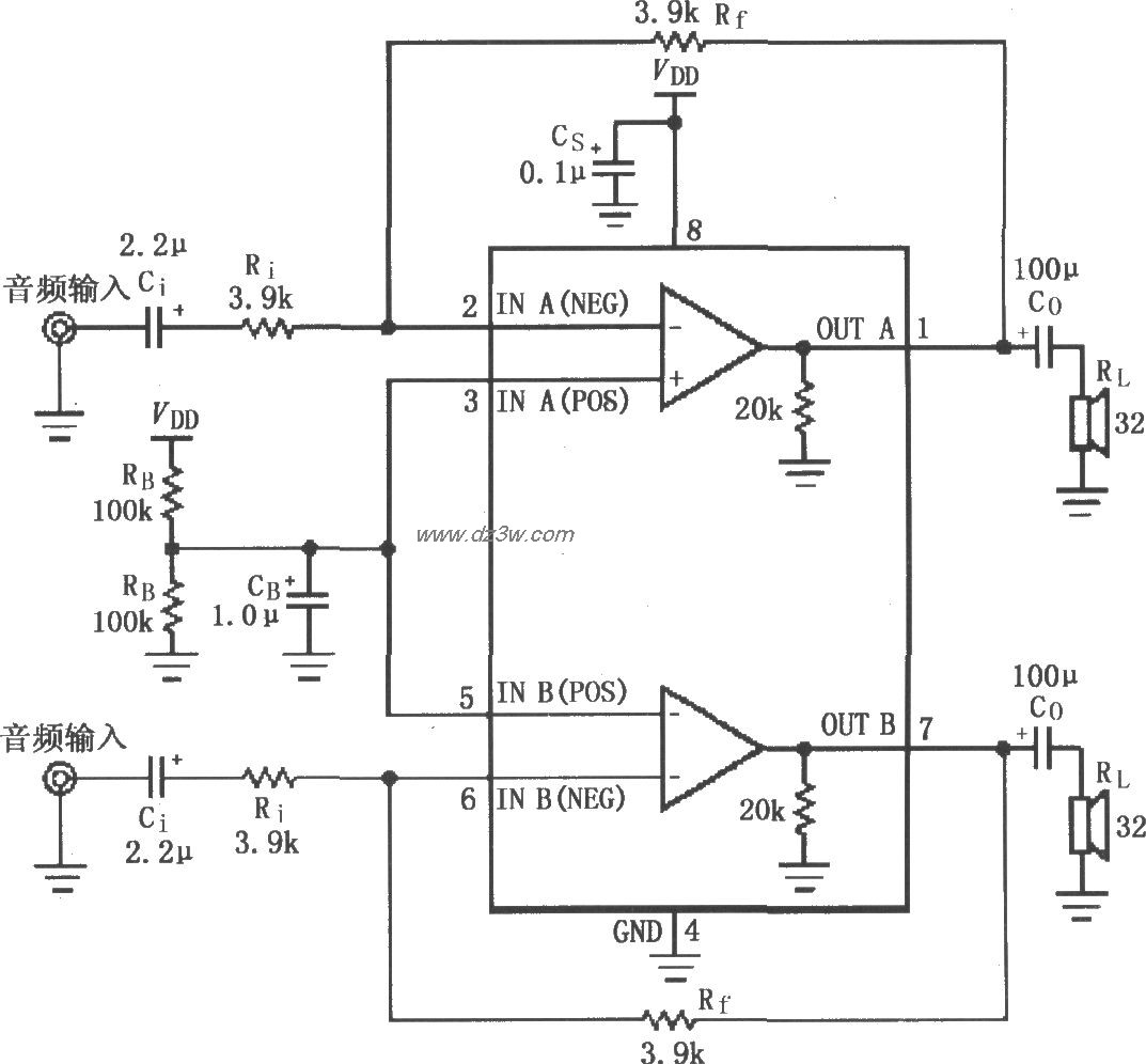 LM4808用于双声道耳机放电路图