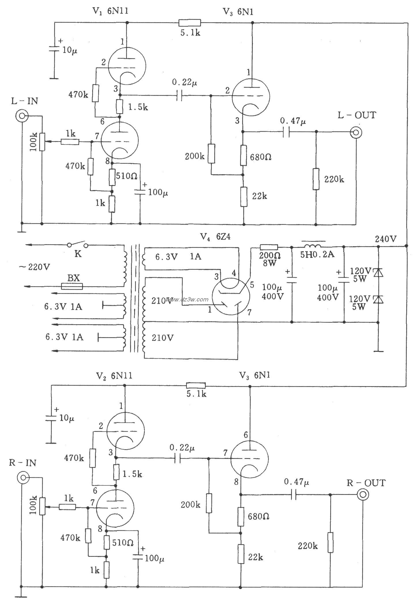 双声道电子管功放前级放电路图