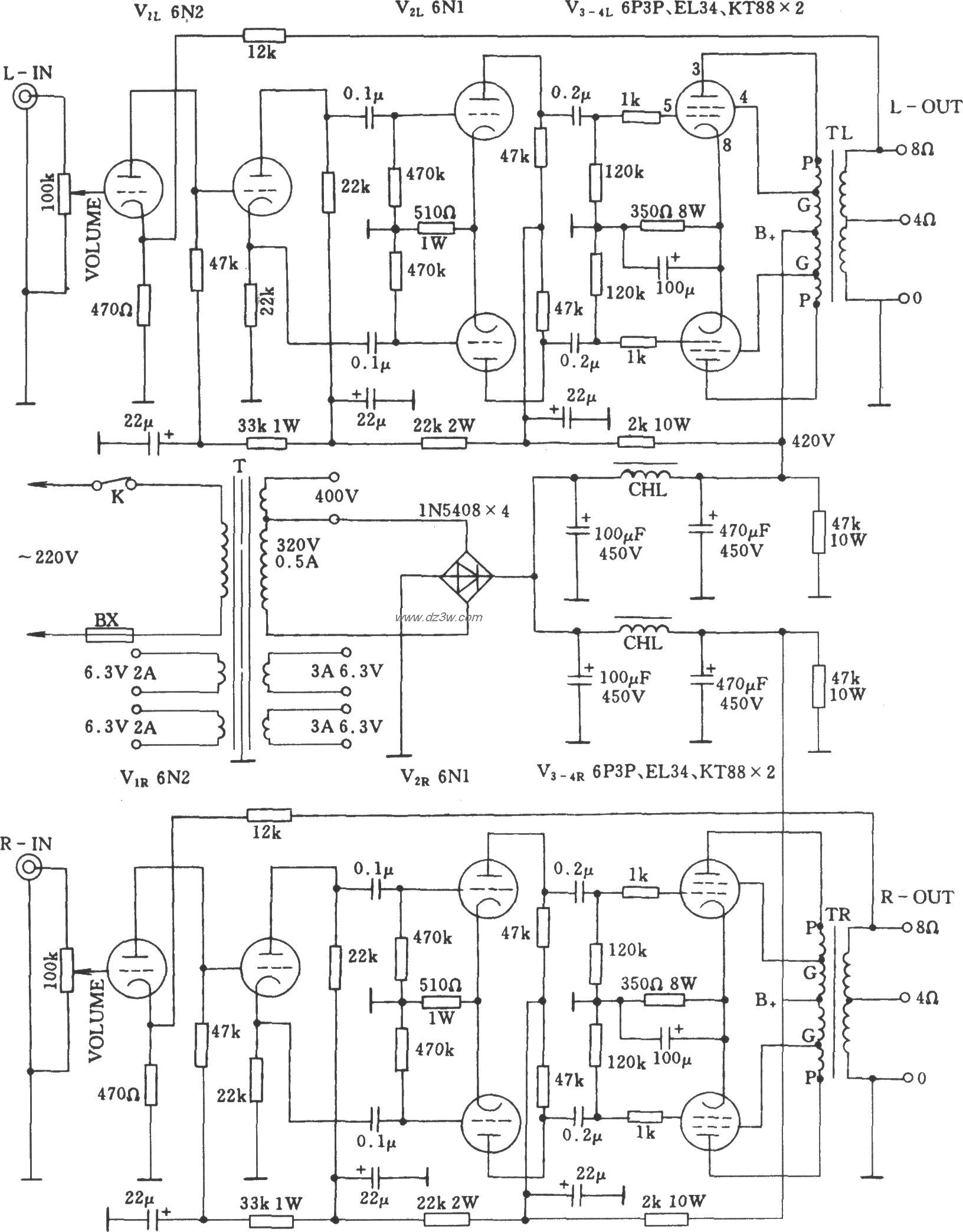 立体声电子管功率放大器电路图