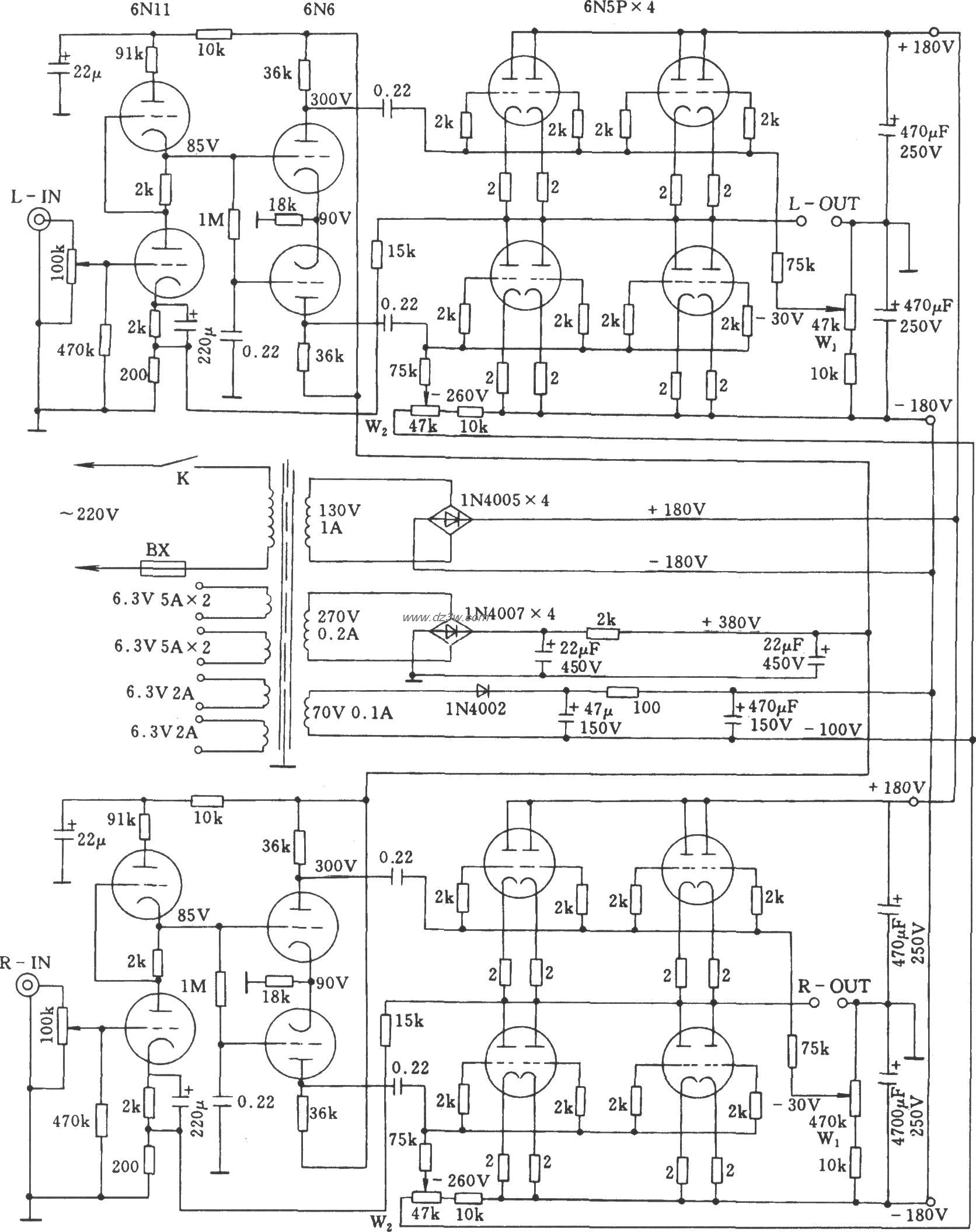 采用6N5P电子管的立体声电路图