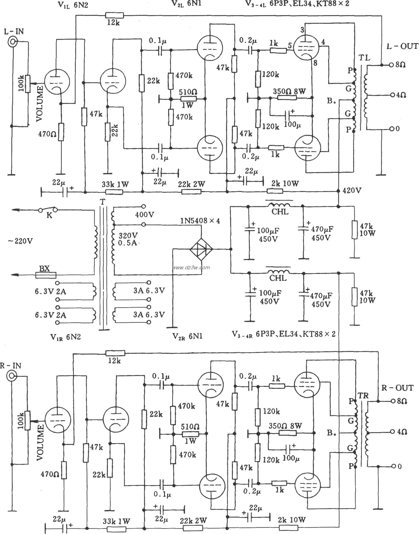 电子管立体声功率放大器电路图