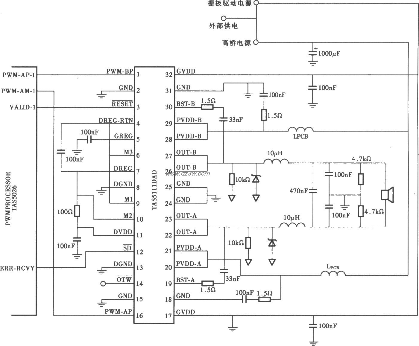 TAS5111型数字功放电路电路图