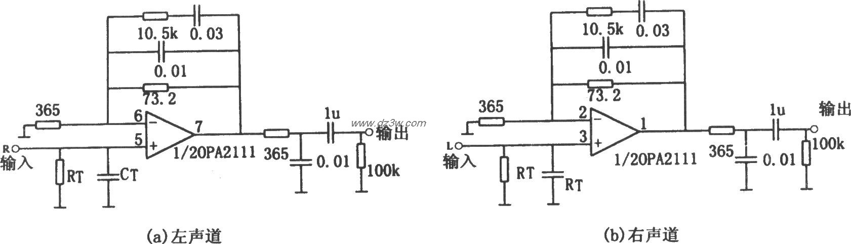 OPA2111构成的均衡立体声电路图