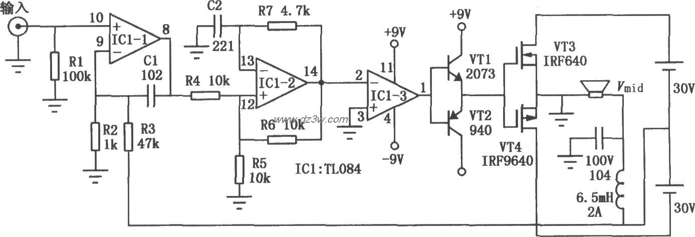 实用数字功放(TL084)电路电路图