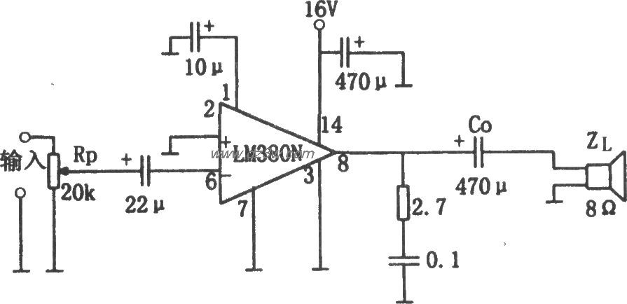 LM380构成的2W音频功率放电路图