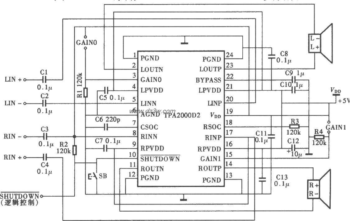 采用TPA2000D22WD类功放电路图
