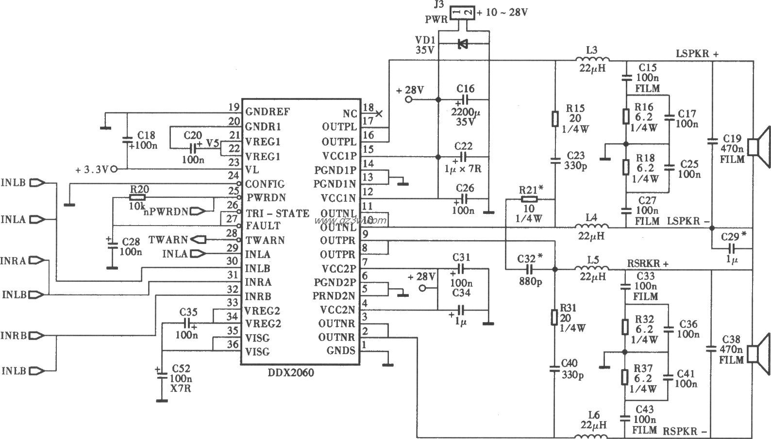 采用DDX2026D35W×2D类功电路图