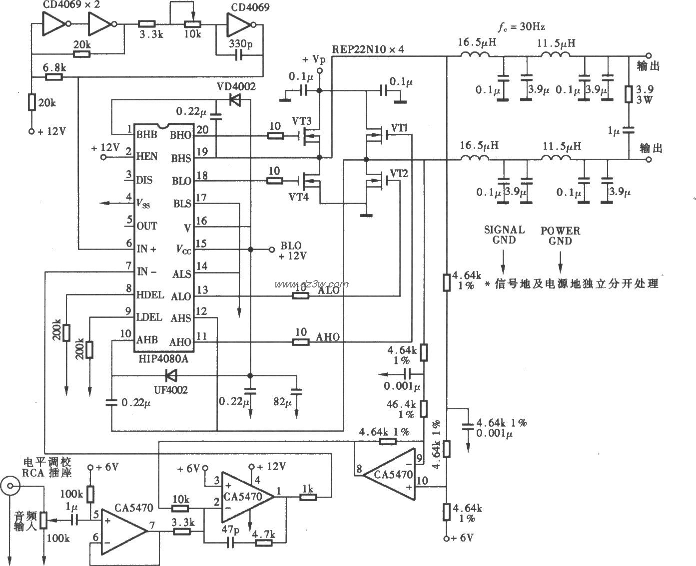 采用HIP4080A的D类功放电电路图