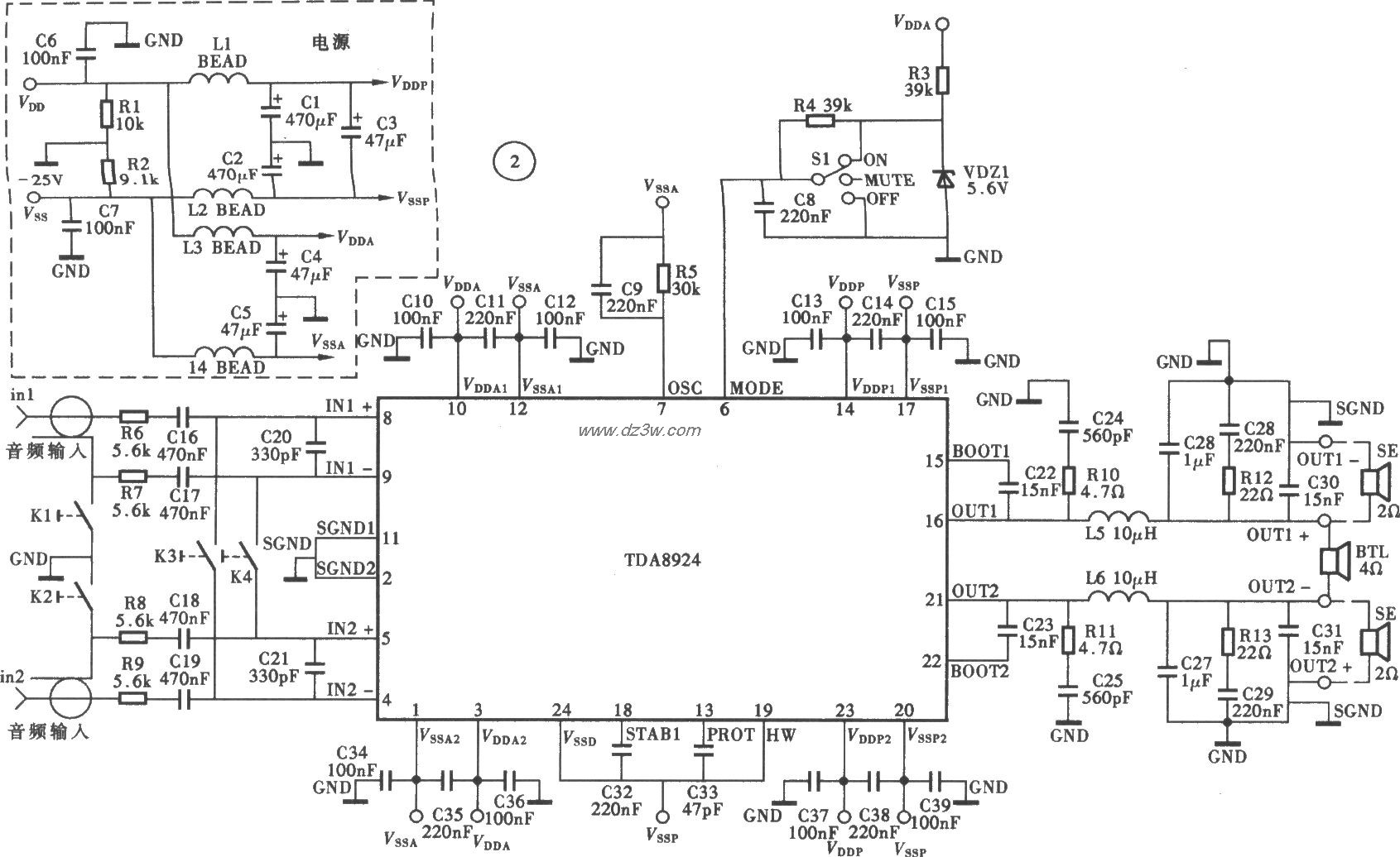采用TDA7482单片25WD类功电路图