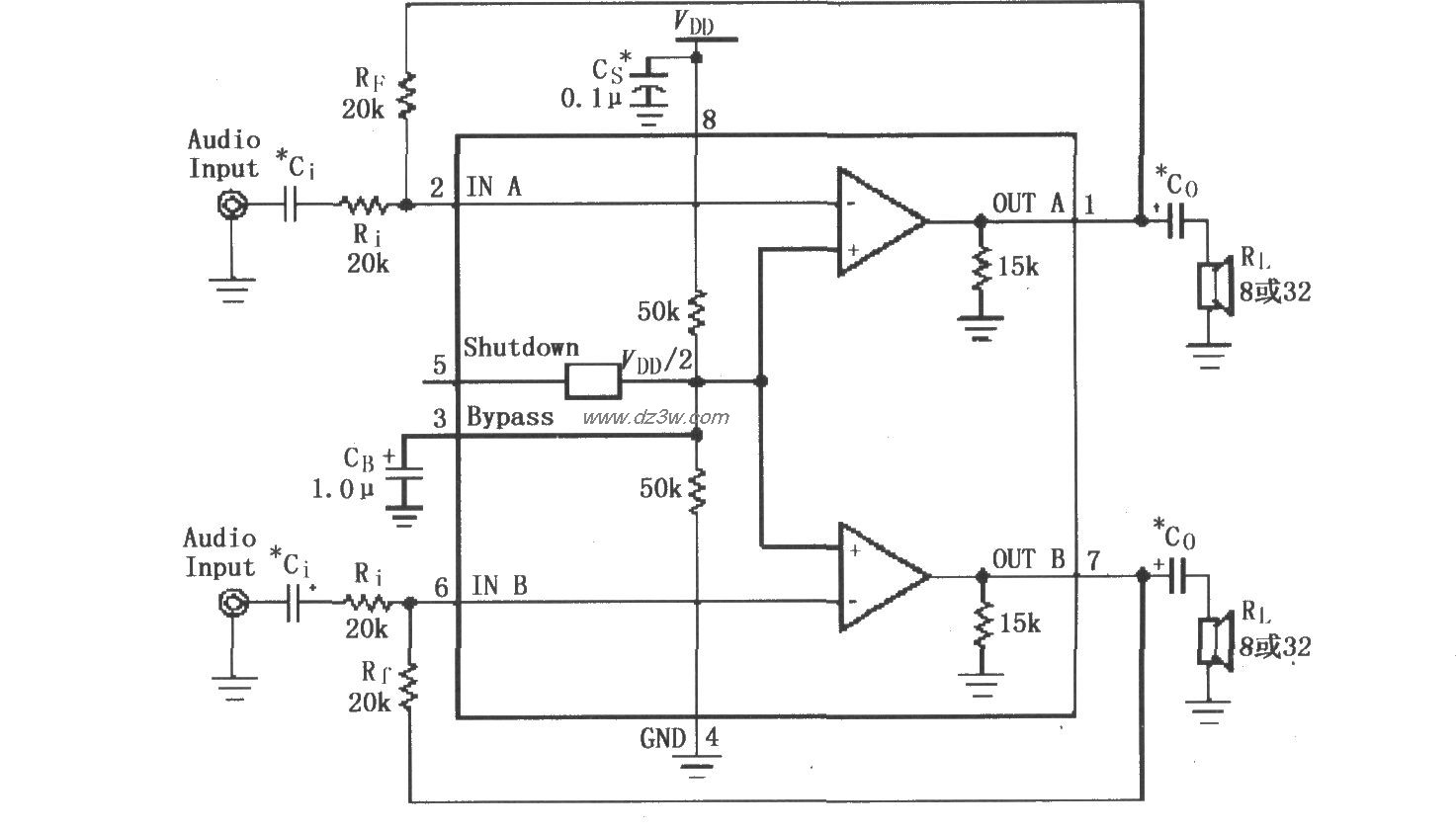 LM4880／4881用于双声道电路图