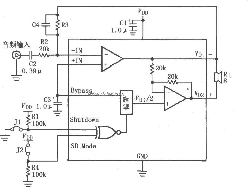 LM4901高增益音频放大电电路图