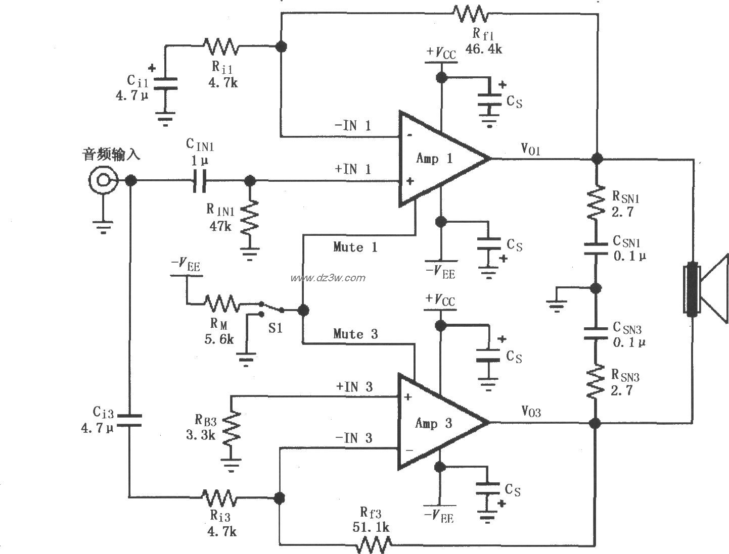 由LM4781内部两个放大器电路图