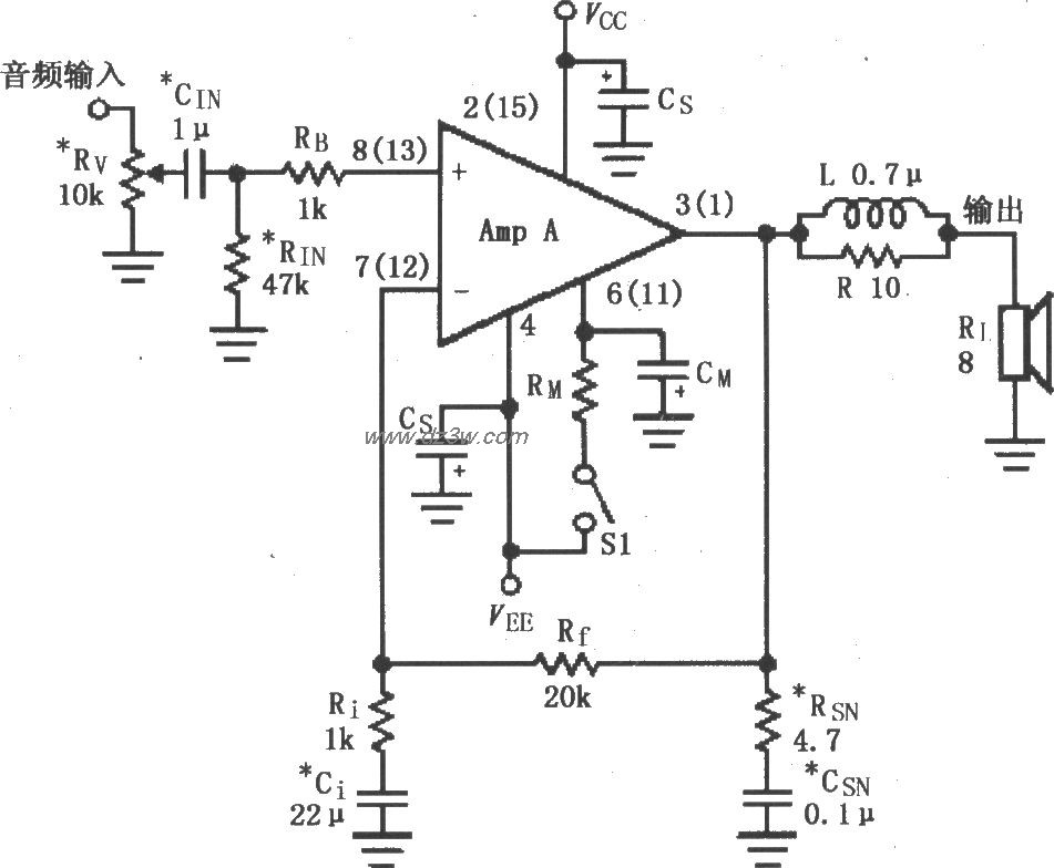 LM4766的辅助音频功率放电路图
