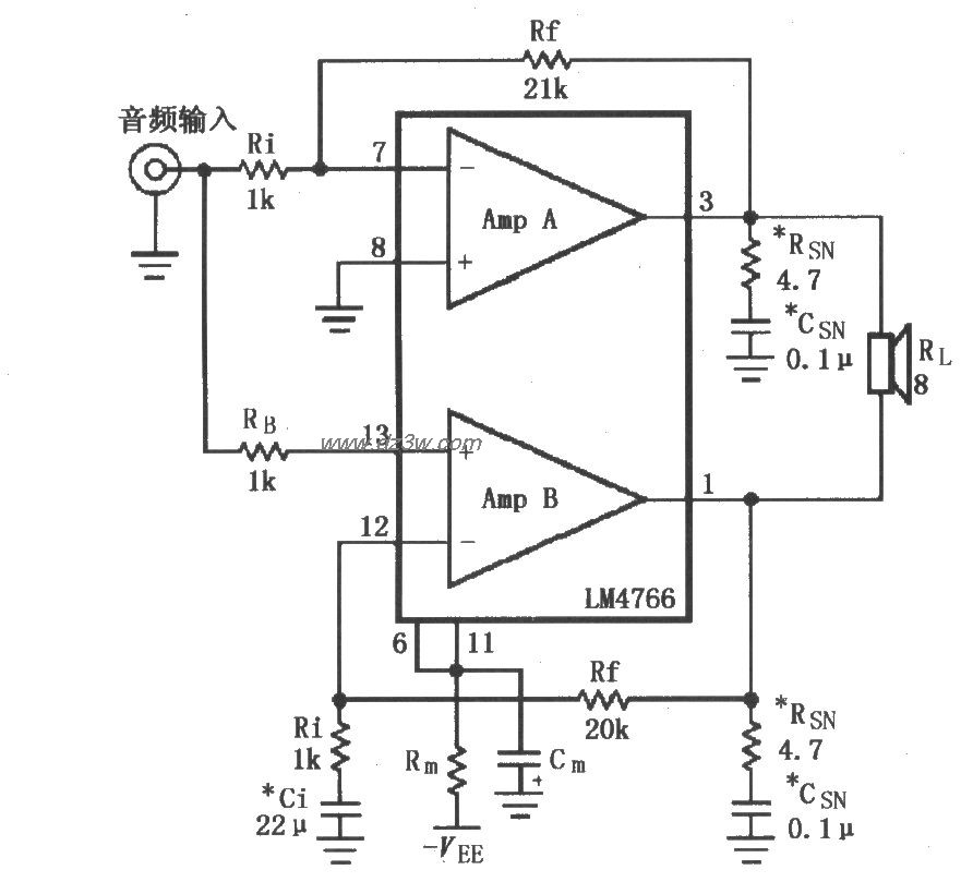 由LM4766构成的电桥输出电路图