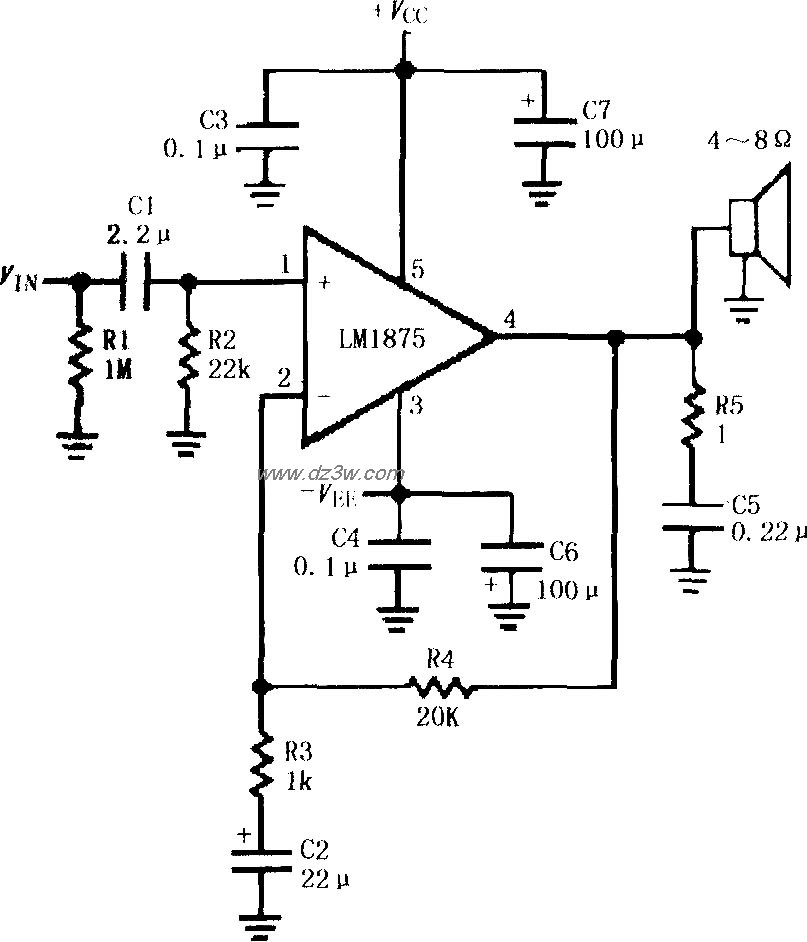 LM1875的双电源供电音频电路图