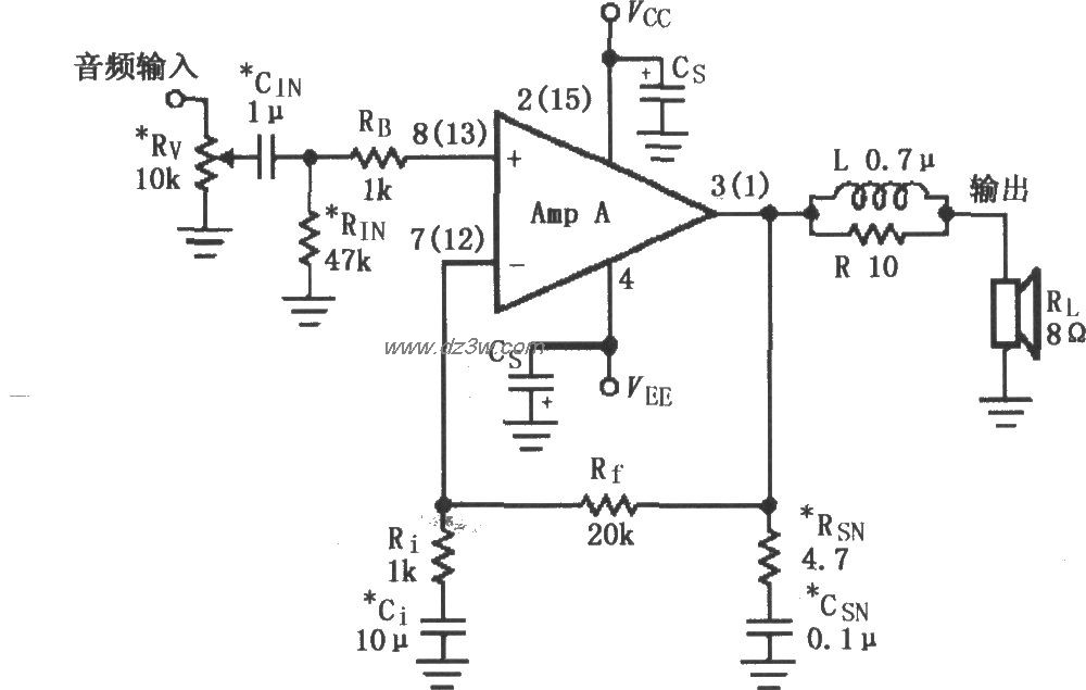 LMl876用于辅助音频功率电路图