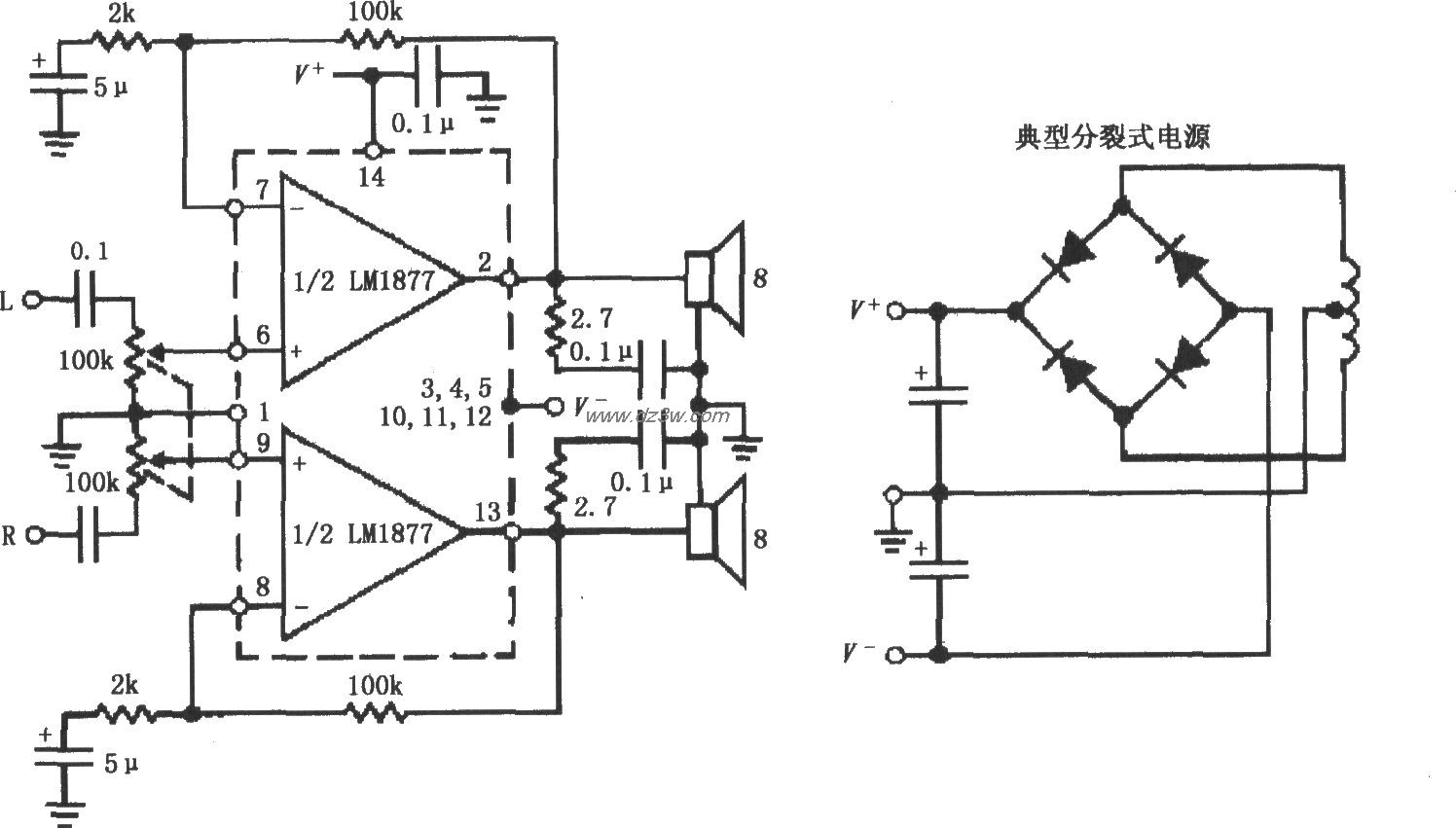 LM1877用分裂式电源供电电路图