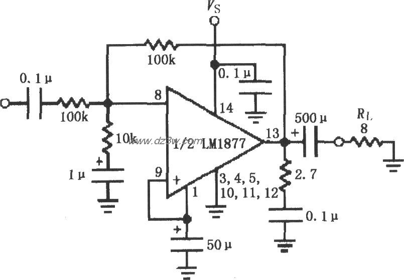 由LM1877构成的反相单位电路图