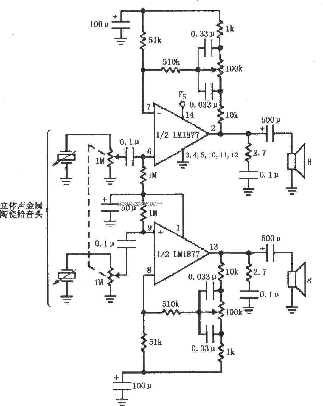 由LM1877构成的具有低音电路图