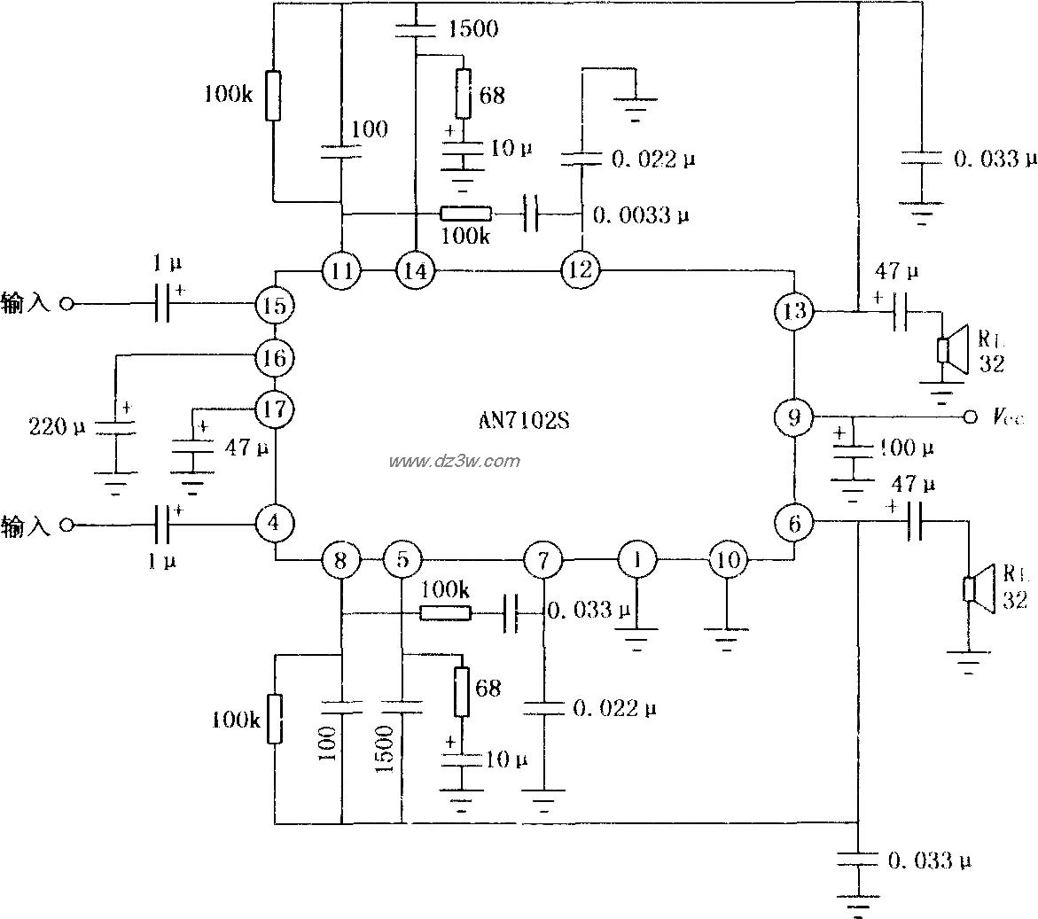 AN102S双声道音频功率放电路图