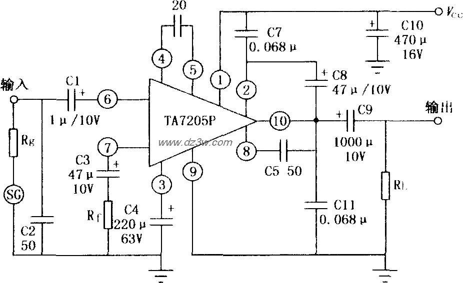 TA7205P 5.8W音频功率放电路图
