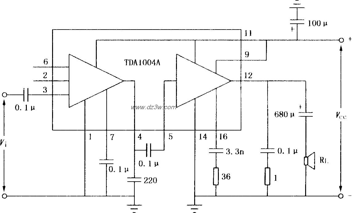 TDA1004A  10W音频功率放电路图