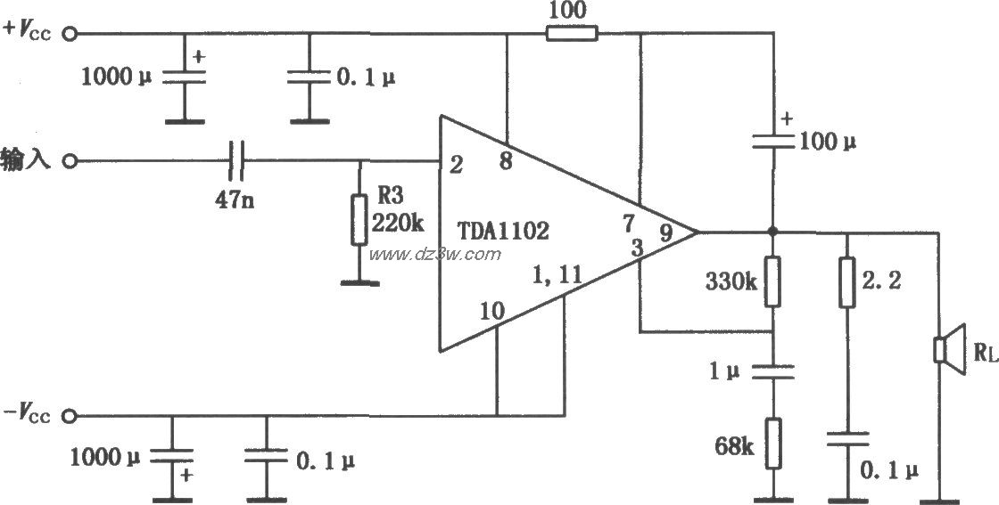 TDA1102 20WHi-Fi功率放电路图