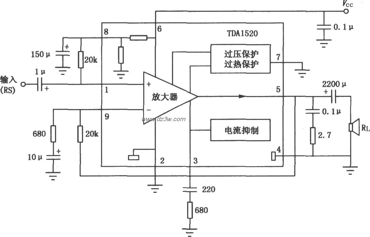 TDA1520 20W音频功率放大电路图