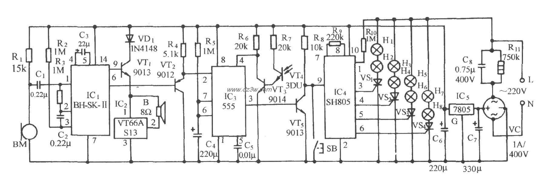 采用SH805的声光双控彩灯电路图