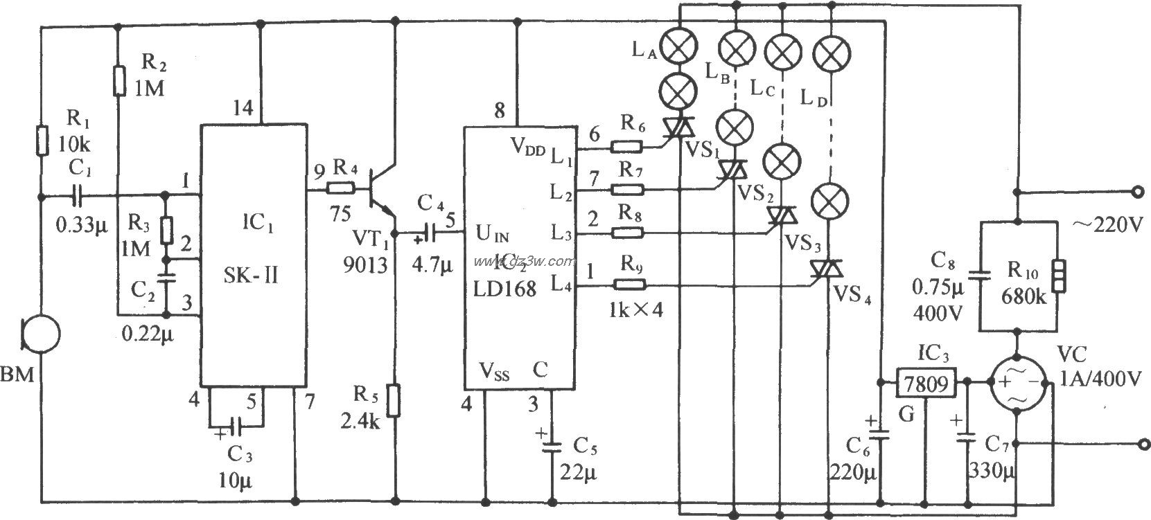 LD168音频压控卡拉0K彩灯电路图
