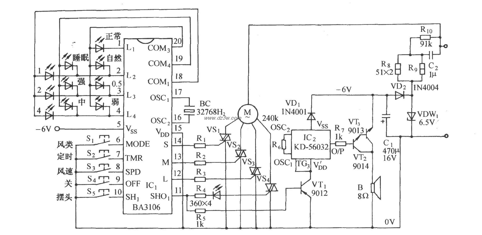用BA3106的多功能电风扇电路图