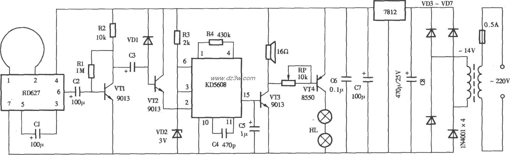 采用RD627微波探测的电子电路图