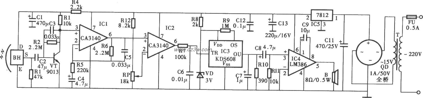 热释电红外控制电子犬电电路图